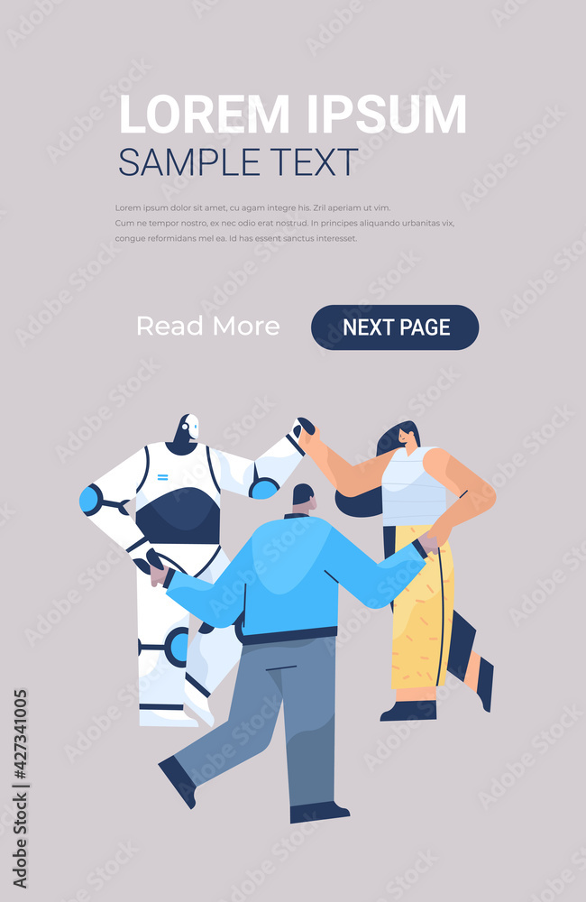 Poster modern robot with businesspeople holding hands standing together in row unity teamwork artificial in