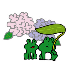 カエル2匹とアジサイ