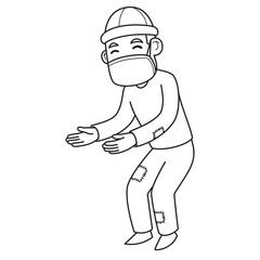 A Beggar Character Wearing a Winter Hat With Shabby Clothes. Vector Illustration. Coloring Book Illustration.