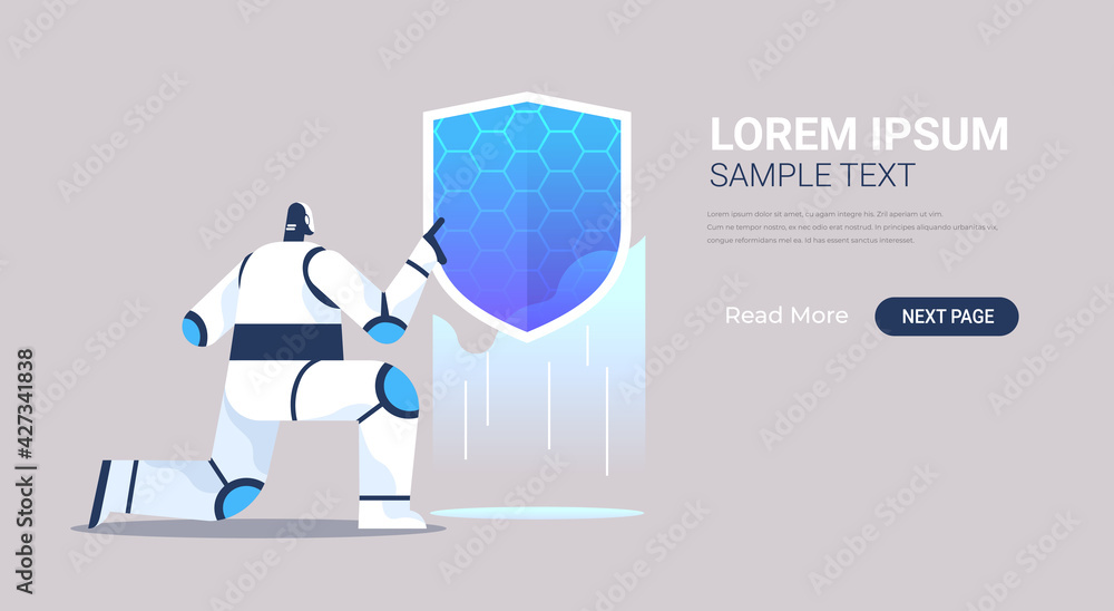 Poster robot holding shield web data security technology protection   artificial intelligence concept