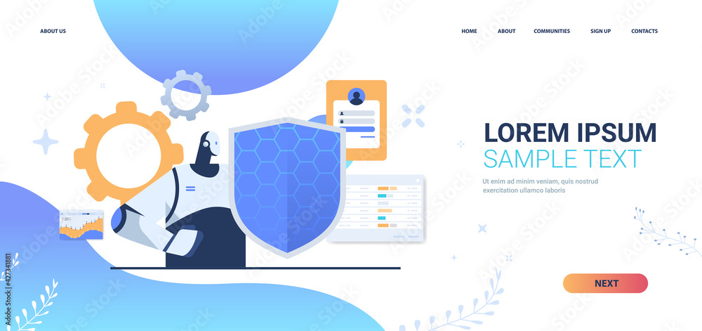 Poster robot holding shield web data security protection   artificial intelligence technology concept portr