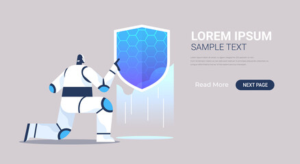 robot holding shield web data security technology protection   artificial intelligence concept