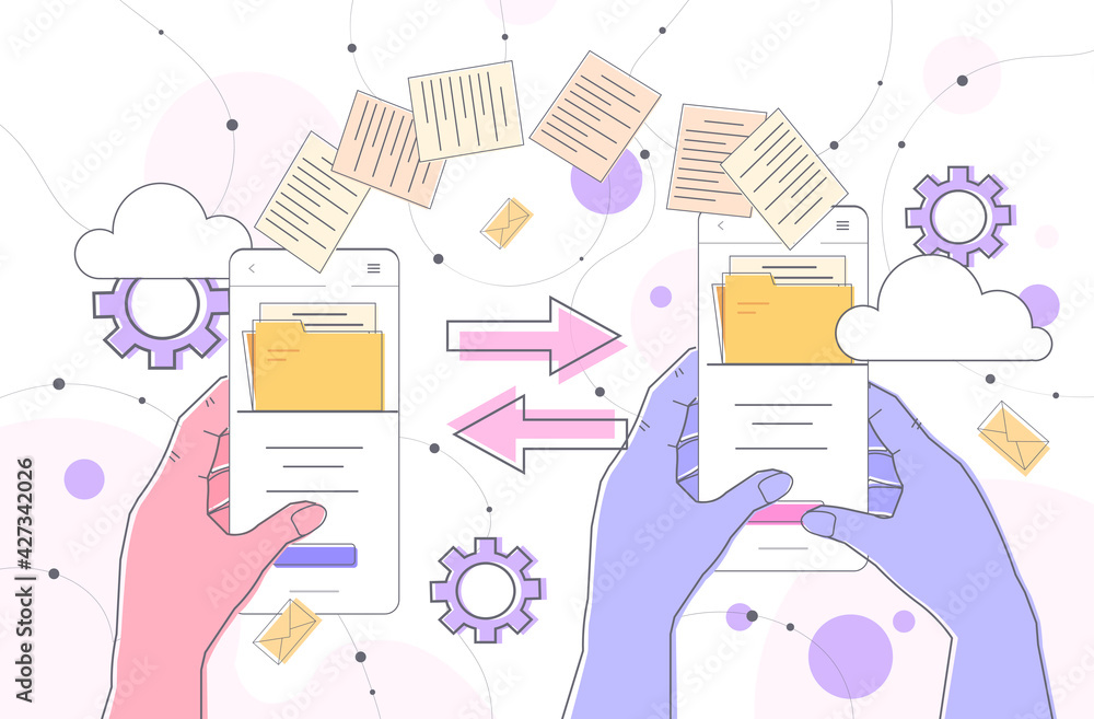 Poster hands sending and receiving document folders via smartphones copy transfer exchange file sharing con