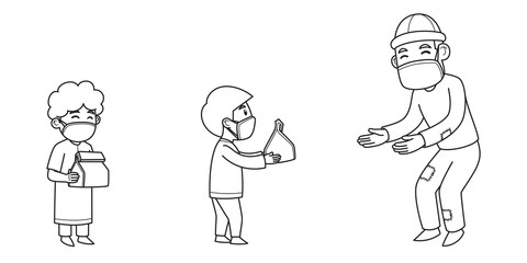 Children Giving Sadaqah to Poor People. Character Illustration. Vector Illustration. Coloring Book Illustration.