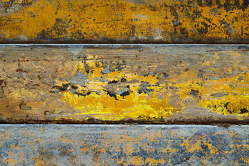 Yellow and scratched  metal background. Building molds pattern with grey concrete rests. 