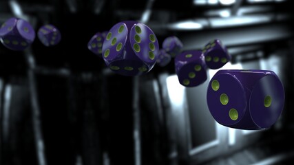 Rolling purple-green dices under spaceship inside background. 3D CG. 3D illustration. 3D high quality rendering.