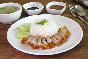 Rice crispy pork (Kao Moo krop) , popular Thai local food for breakfast and lunch