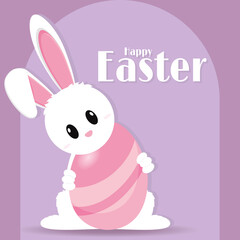 Cute bunny with an easter egg. Happy easter poster - Vector illustration