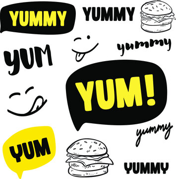 Yum, Yummy words set. Vector sketch illustration of typography.