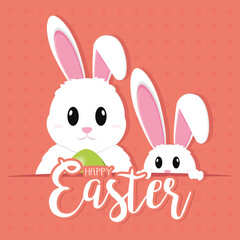 Obraz na płótnie Canvas Cute bunnies cartoon with an easter eggs. Happy easter poster - Vector illustration