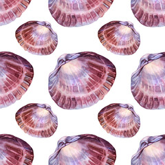 Seamless pattern watercolor pink brown sea shell with pearl isolated on white background. Hand-drawn nature realistic object for celebration, stationery, card, wallpaper, textile, wrapping, florist