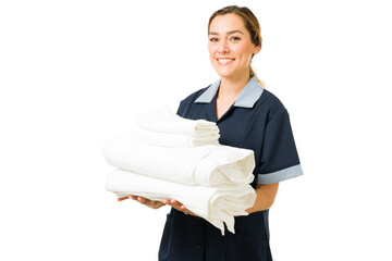 Portrait of a cheerful cleaning lady working at a hotel