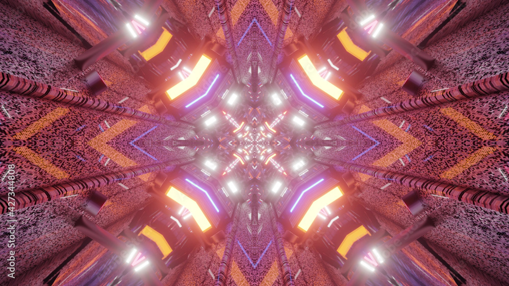 Poster 3d rendering of cool futuristic kaleidoscopic background in vibrant colorful patterns