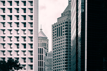 Modern Hong Kong Architecture; Hong Kong Business Building Close up in vintage style