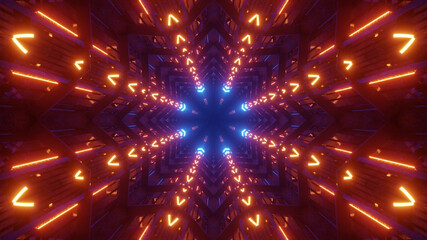 3D rendering of futuristic kaleidoscopic patterns background in vibrant neon orange and blue colors © Tunnelmotions/Wirestock