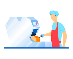 Modern machine, preparation pizza blanks, fresh baked goods, mini bakery, cartoon style vector illustration, isolated on white.