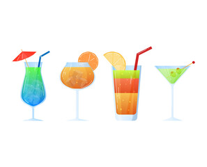 Set fruit cocktails, alcoholic drinks, cocktail party, pink liquor, design cartoon style vector illustration, isolated on white.