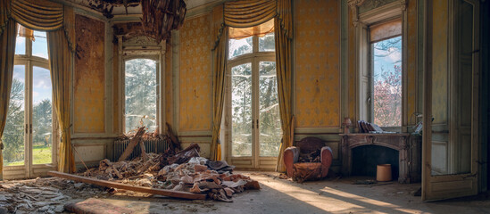 Panoramic shot of an abandoned ruined living room