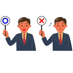 マルバツの札を持つ若いビジネスマンの上半身