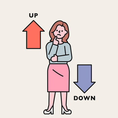 A business woman is struggling between the rising and falling arrows. flat design style minimal vector illustration.