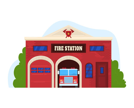 Building fire station, services to population, garage with transport, design cartoon style vector illustration, isolated on white.