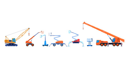 Construction technique, vehicle truck, isolated on white, forklift car, industrial bulldozer, flat style vector illustration.