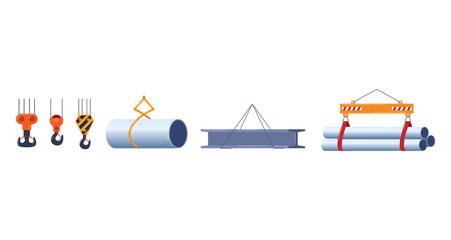 Equipment for working on transportation heavy goods, metal pipes, design cartoon style vector illustration, isolated on white.