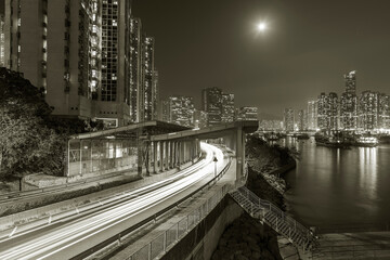 Skyline and highway in Hong Kong city at night