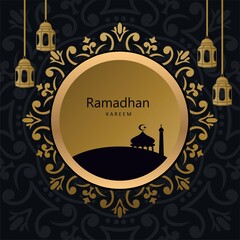 Illustration vector graphic Luxury ornament, lantern and mosque on the earth silhouette. The Islamic holy month of Ramadhan, Ramadan Kareem. Perfect for concept of presentation, banner, cover