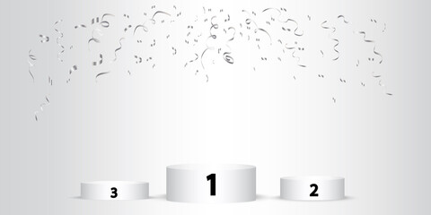 Three podium confetti on light background. First place trophy. Winner award. Stock image. Vector illustration. EPS 10.