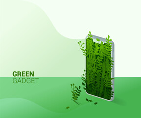 Green smartphone. Lots of green plants papercut that come out of the smartphone.