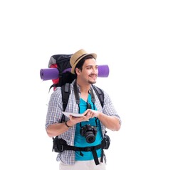 Naklejka premium Man lost and looking for direction with map on white