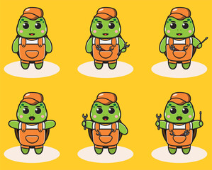 Vector illustration of cute Little Turtle Mechanic cartoon set. Good for icon, logo, label, sticker, clipart.