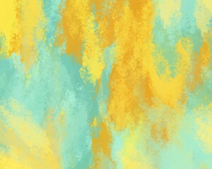Abstract, modern illustration in trendy shades of yellow and turquoise. Strokes, brush splashes on the canvas. Interior painting, print, decor, background.