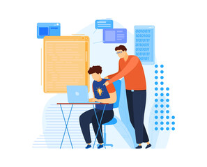 Teacher teaching student, novice guy programmer, computer technology, man operate, design, flat style vector illustration.