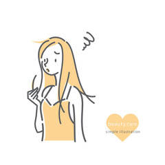 キャミソール姿の女性のシンプルでナチュラルな線画イラスト　髪の悩み