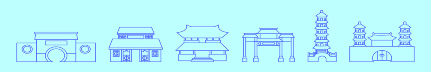 set of chinese temple cartoon icon design template with various models. vector illustration isolated on blue background