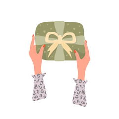 Female hands hold gift or present box. Giveaway post for social media. Surprise for Christmas, New Year, birthday, Black Friday or other holiday. Vector illustration in flat cartoon style.