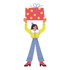 A standing girl holds a big gift box with a bow. Vector bright character on white background for postcards, posters and advertising.