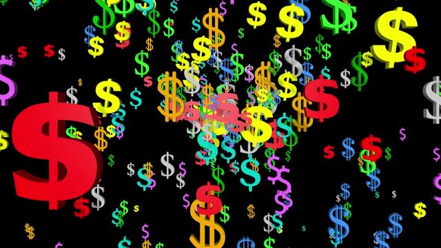 Colorful dollar signs exploding on screen. 3d animation render isolated on black background  . Zoom in. 