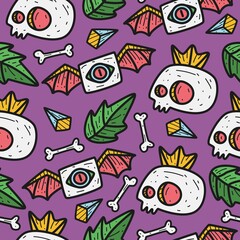 hand drawn halloween skull doodle pattern design