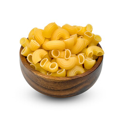 raw macaroni pasta with wooden bowl isolated on white background