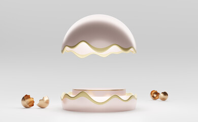 podium empty with egg shell in white composition for modern stage display and minimalist mockup ,abstract showcase background ,Concept 3d illustration or 3d render