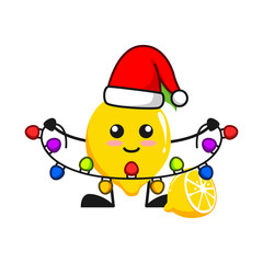 vector illustration of cute lemon fruit christmas or character holding lamp color. cute lemon fruit Concept White Isolated. Flat Cartoon Style Suitable for Landing Page, Banner, Flyer, Sticker.