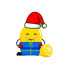 vector illustration of cute lemon fruit christmas or character with gift box. cute lemon fruit Concept White Isolated. Flat Cartoon Style Suitable for Landing Page, Banner, Flyer, Sticker.