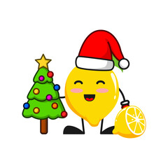 vector illustration of cute lemon fruit christmas or character holding tree. cute lemon fruit Concept White Isolated. Flat Cartoon Style Suitable for Landing Page, Banner, Flyer, Sticker.