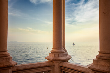 Romantic Balcony of Castle Miramare on the coast of Adriatic Sea, Italy