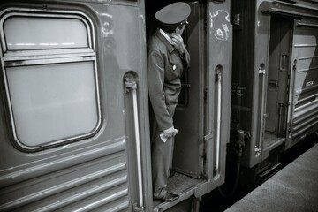 the train conductor stands at the door of the carriage