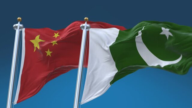 4k Seamless Pakistan and China Flags with blue sky background;A fully digital rendering;The animation loops at 20 seconds;PAK PK CHN CN.