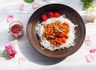 Konjac noodle pasta with mushroom tomato vegan dish for healthy